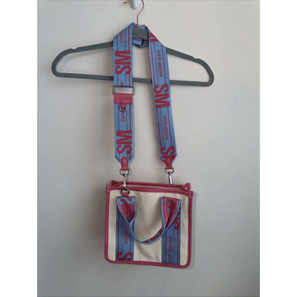 Steve Madden Cream Pink Blue Tik Tok Canvas Tote Bag Crossbody Purse BWEBBER